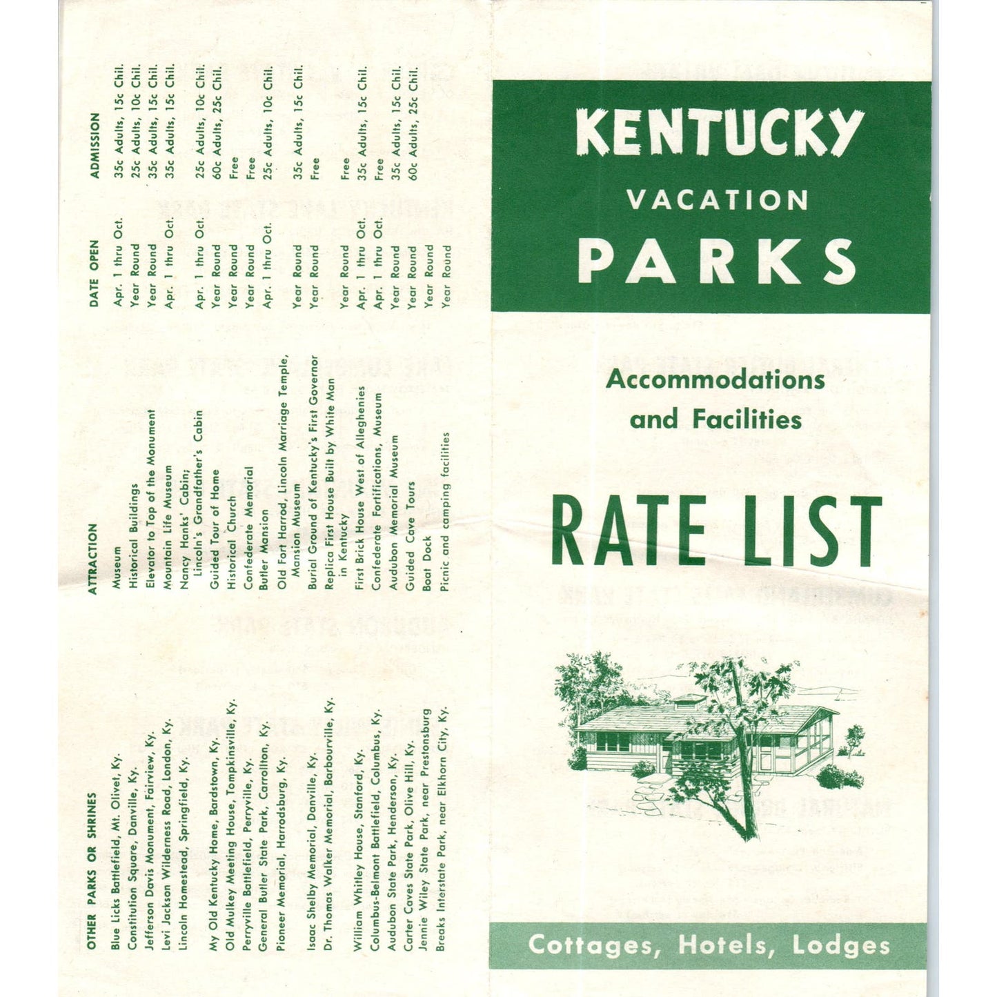 1950s Kentucky Vacation Parks Rate List Fold Out Travel Brochure AE8