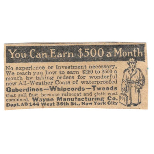 Wayne Mfg Co. NY Gaberdines Tweeds Become a Salesman 1923 Magazine Ad Clip AE1-6