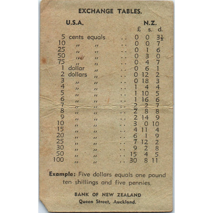 Vintage Auckland New Zealand Bank American Currency Exchange Rate Card AE6