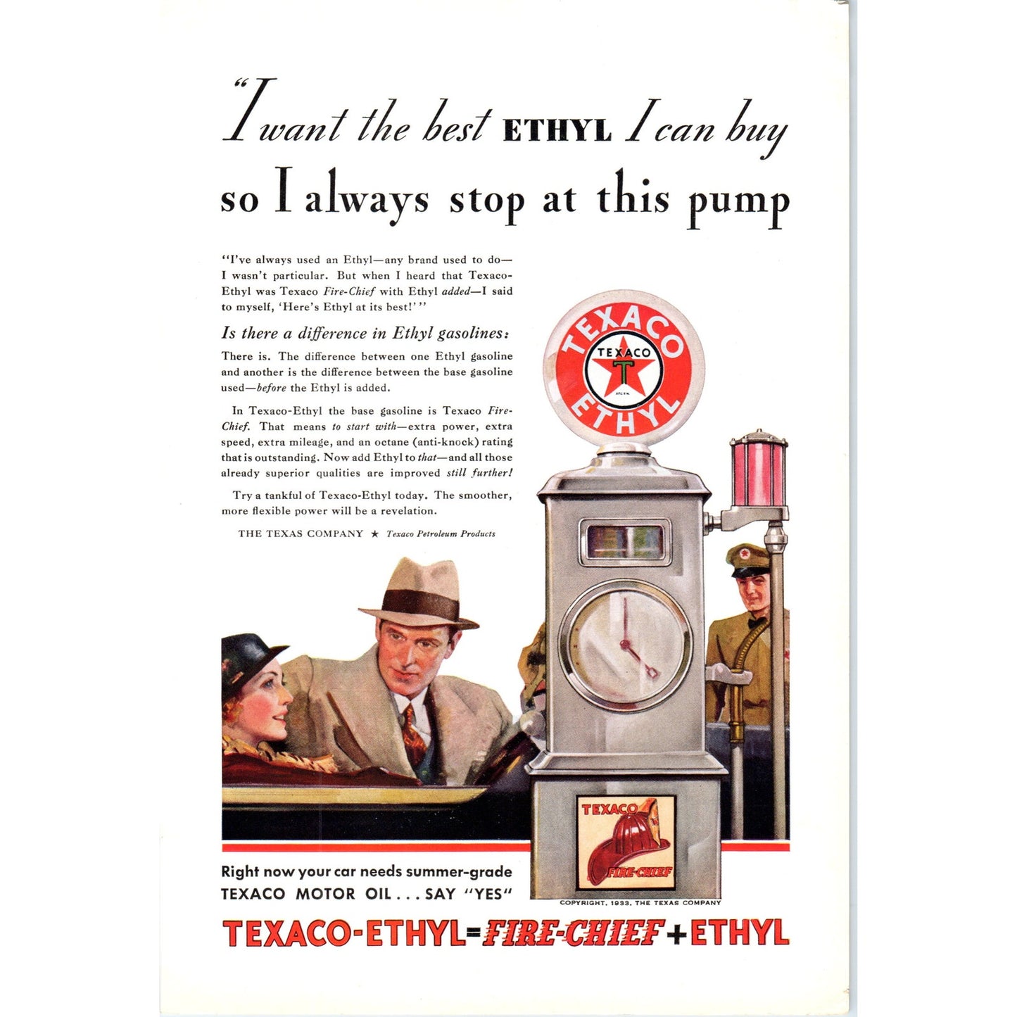 1933 Texaco Ethyl Gasoline Fire Chief - Vintage Magazine Ad D18
