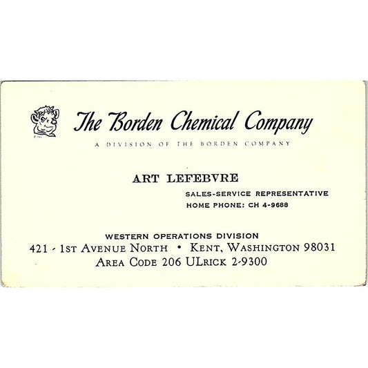 Art Lefebvre Borden Chemical Company Kent WA Vintage Business Card SD9-B9