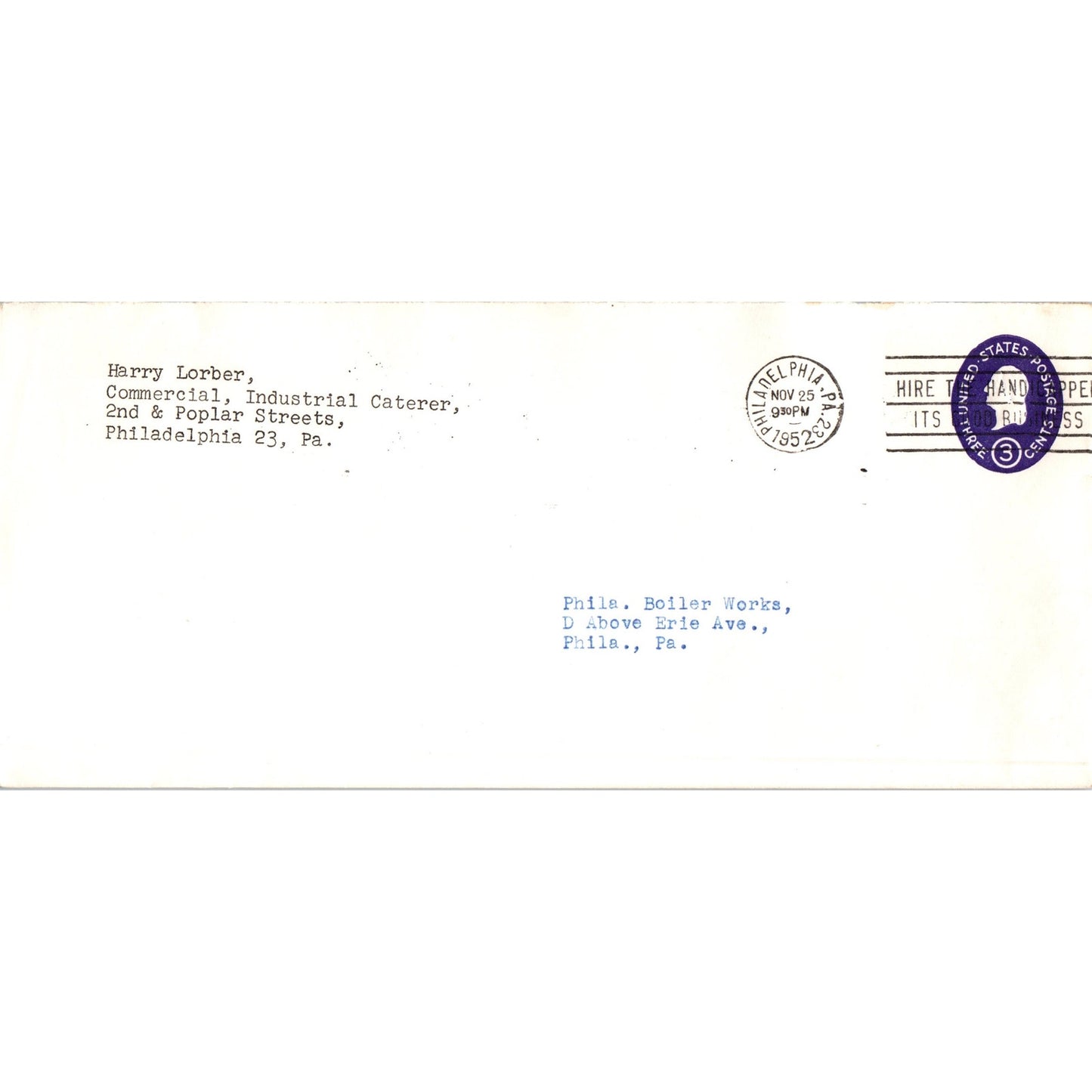1952 Harry Lorber Philadelphia PA Hire Handicapped Cancel Postal Cover TH9-L1
