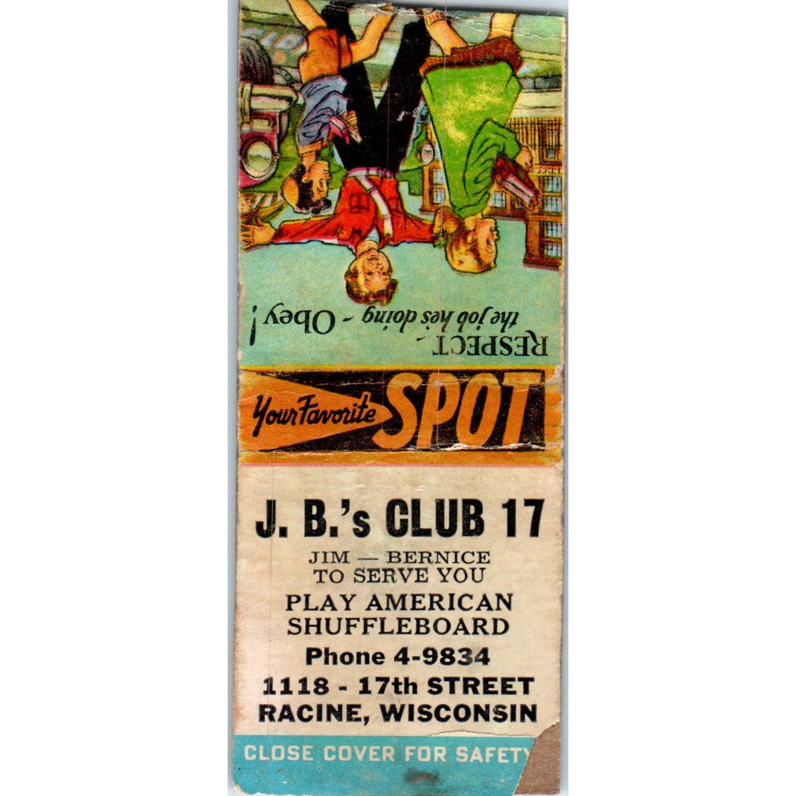 J.B's Club 17 Racine WI Jim & Bernice Vintage Matchbook Cover SD4-Y8