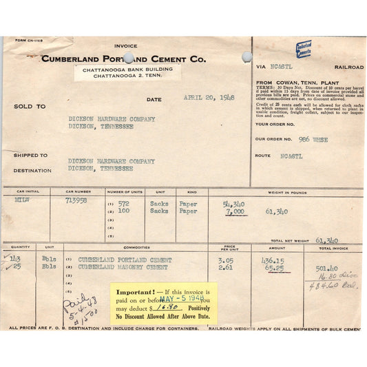 1948 Cumberland Portland Cement Co Billhead Receipt Chattanooga Tennessee D18