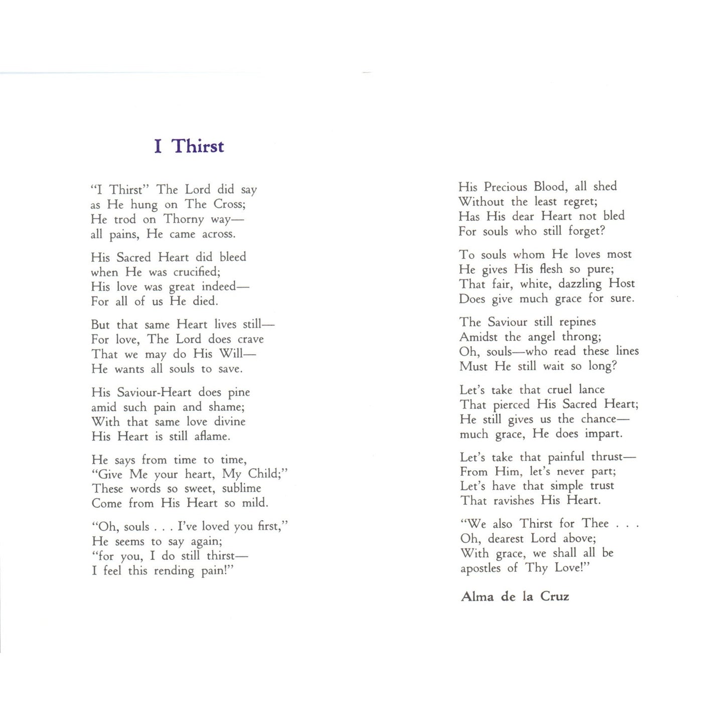 I Thirst Alma De La Cruz Vintage Catholic Prayer Leaflet TH2-PC2