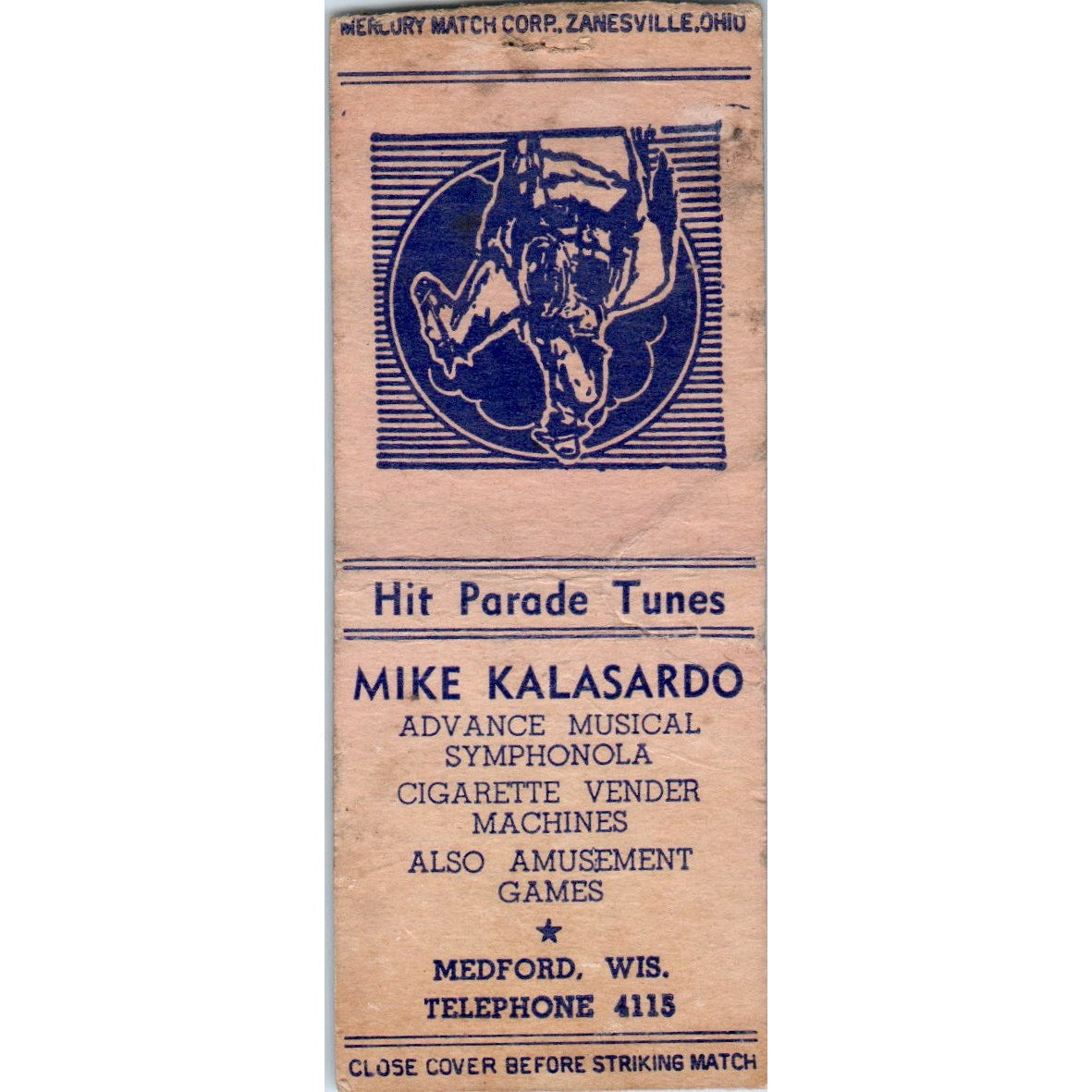 Mike Kalasardo Medford WI Jukebox Vending Machines Vtg Matchbook Cover SF4-Y1
