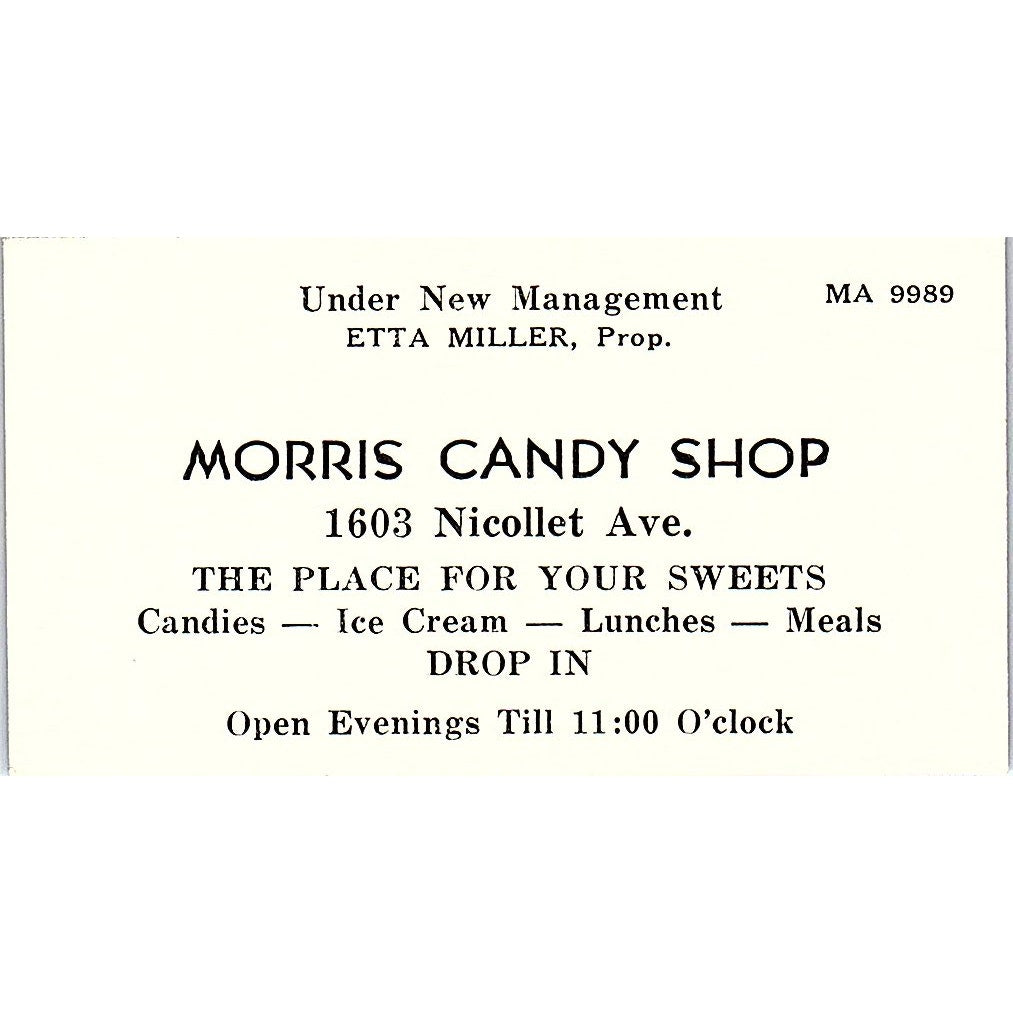 Morris Candy Shop Etta Miller Nicollet Minneapolis Antique Business Card AG2-S13