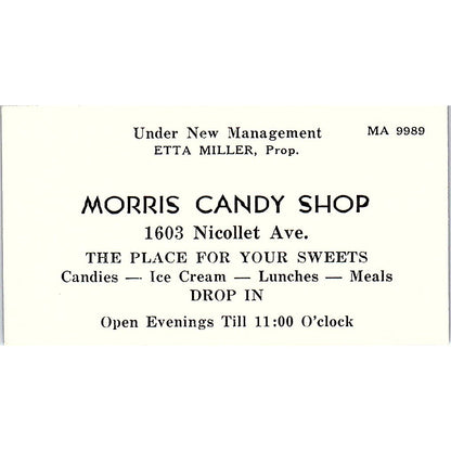 Morris Candy Shop Etta Miller Nicollet Minneapolis Antique Business Card AG2-S13