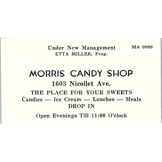 Morris Candy Shop Etta Miller Nicollet Minneapolis Antique Business Card AG2-S13