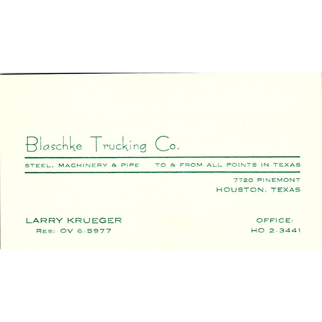 Blanchke Trucking Co. Larry Krueger Houston Texas Vintage Business Card SB4-B5