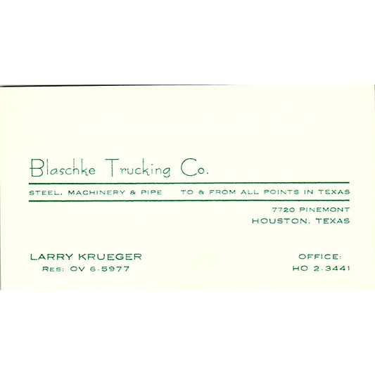 Blanchke Trucking Co. Larry Krueger Houston Texas Vintage Business Card SB4-B5