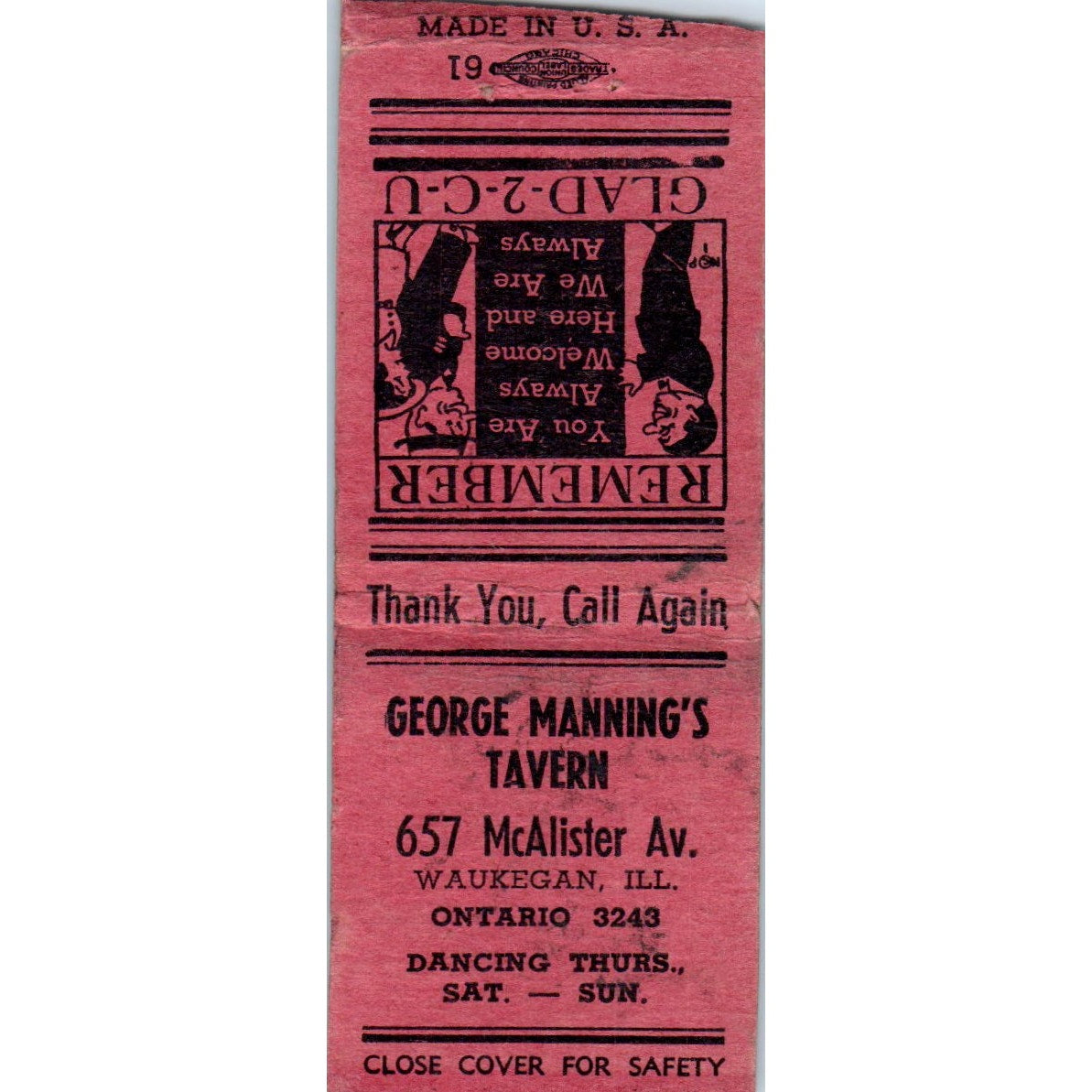 George Manning's Tavern Waukegan IL Vintage Matchbook Cover SD4-Y10