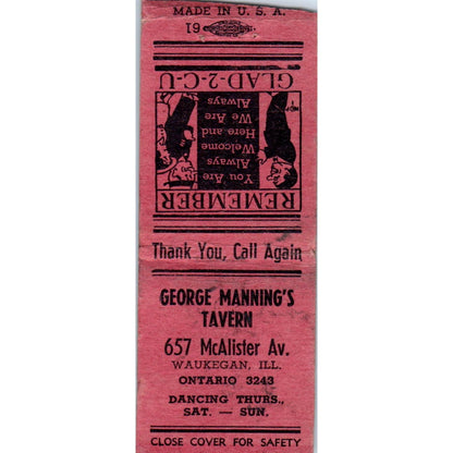 George Manning's Tavern Waukegan IL Vintage Matchbook Cover SD4-Y10