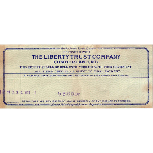 1920s Deposit Slip The Liberty Trust Company Cumberland MD AF1-RR3
