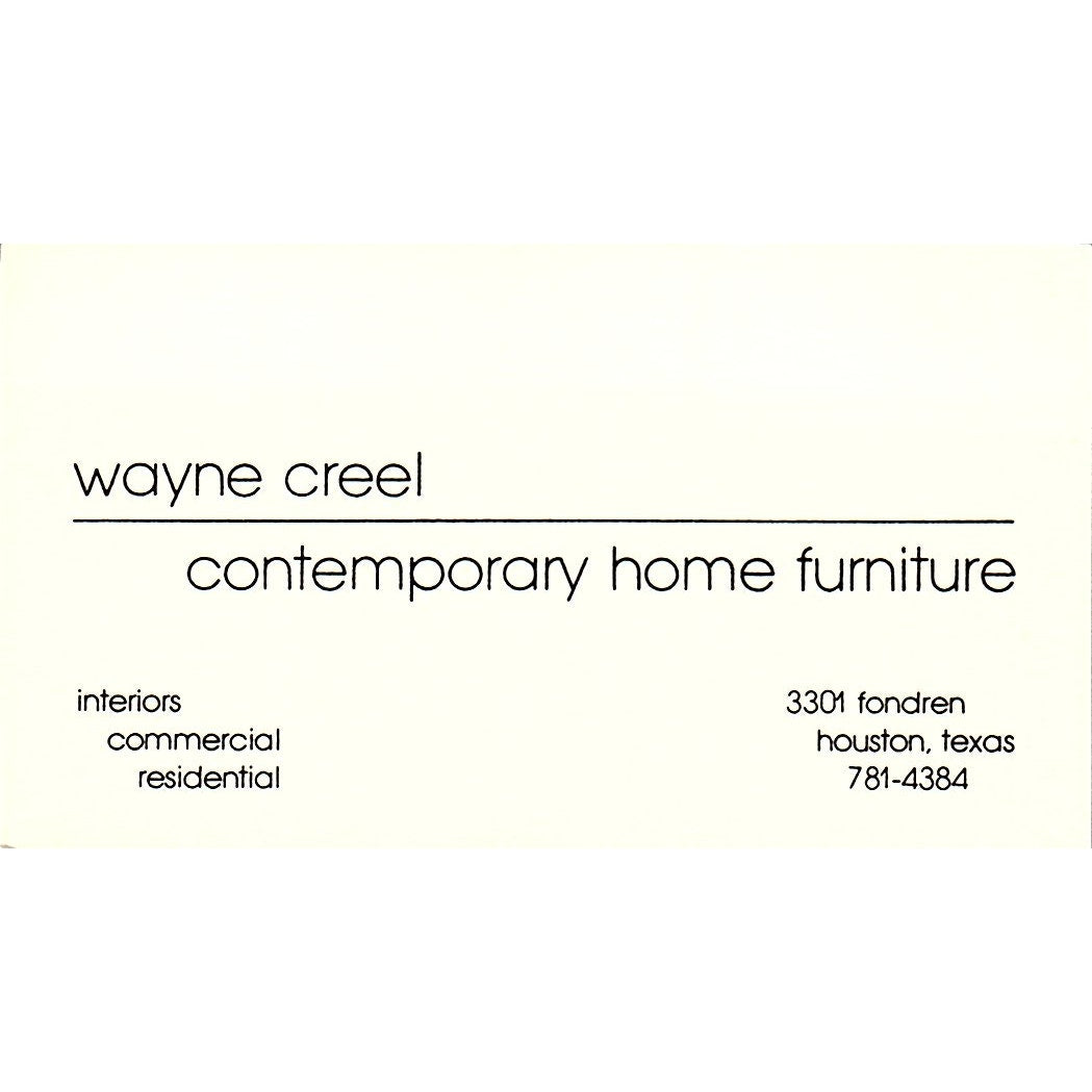 Wayne Creel Contemporary Home Furniture Houston TX Vintage Business Card SF3-B2