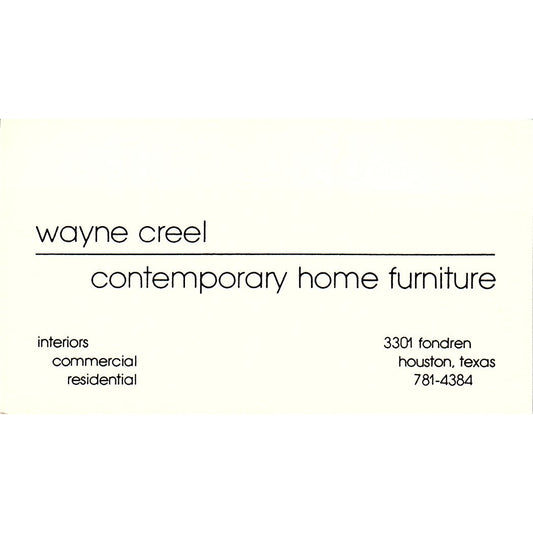 Wayne Creel Contemporary Home Furniture Houston TX Vintage Business Card SF3-B2