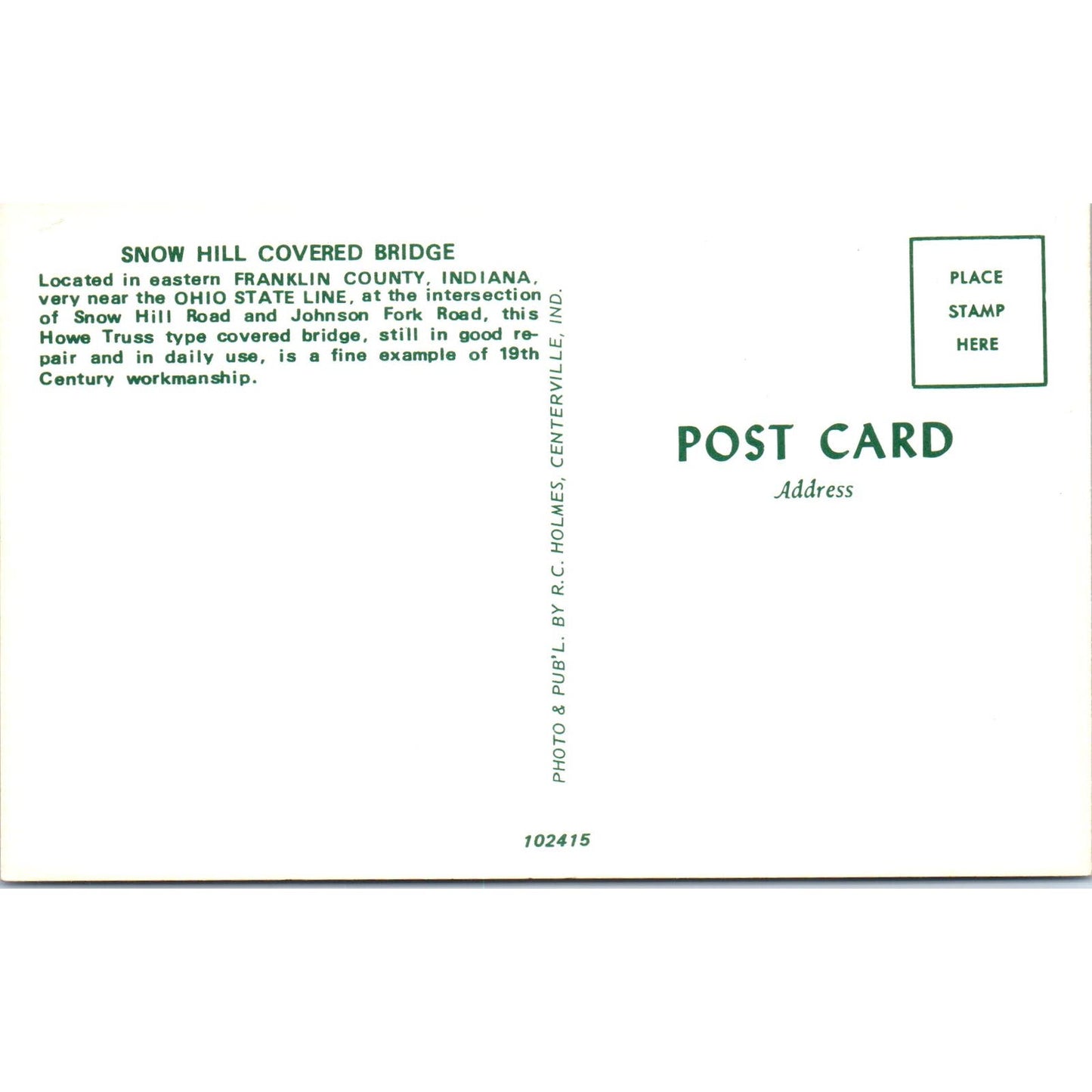 Snow Hill Bridge Franklin County Indiana Covered Bridge Postcard PC6