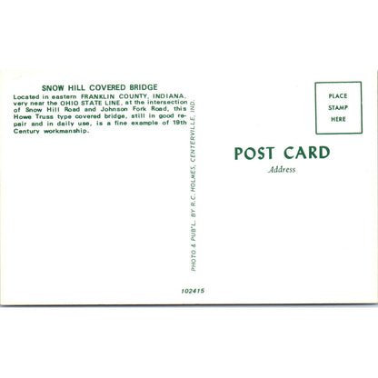 Snow Hill Bridge Franklin County Indiana Covered Bridge Postcard PC6