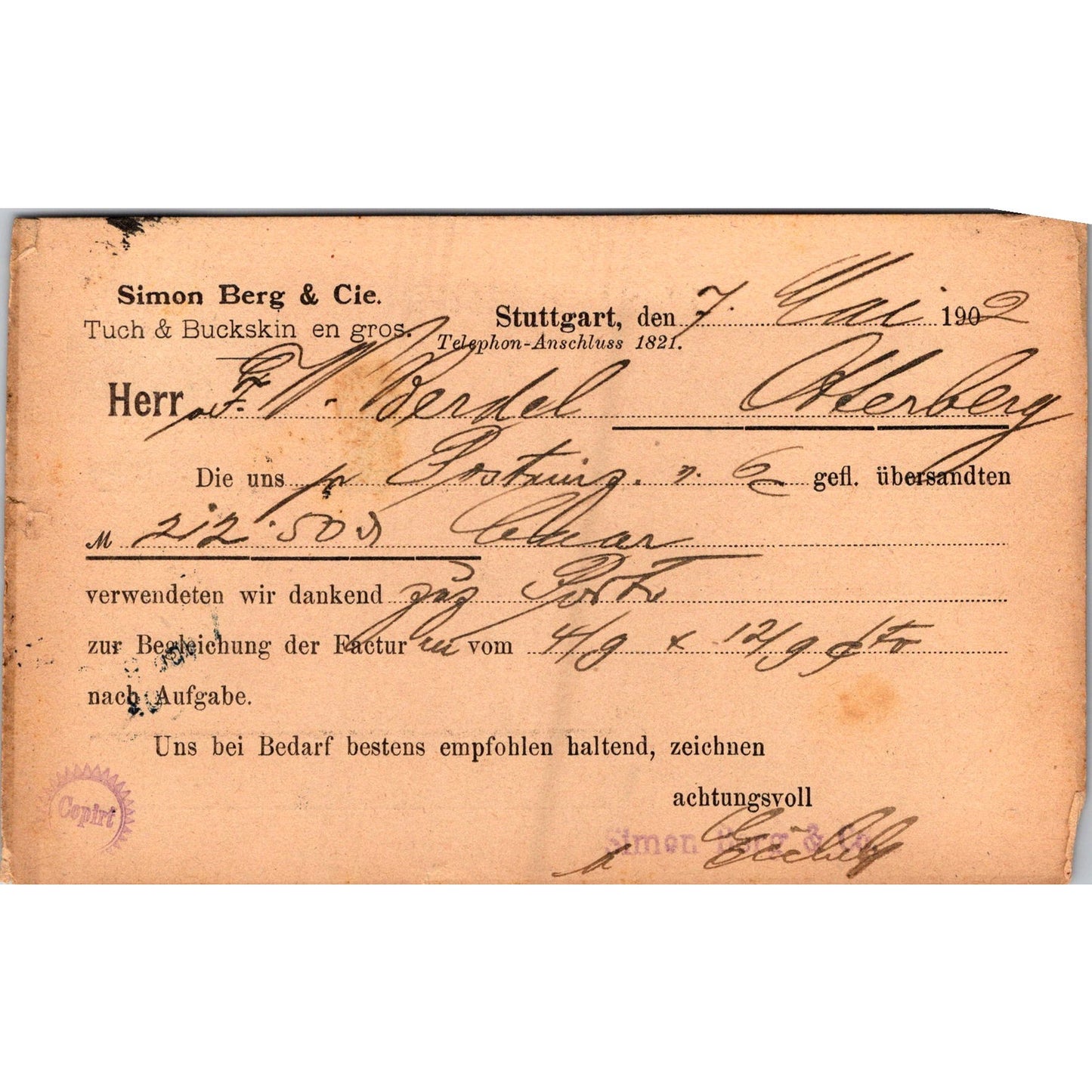 Simon Berge Tuck & Buckskin Stuttgart 1902 German Reich Postcard TE2-GRP