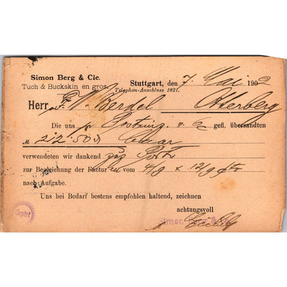 Simon Berge Tuck & Buckskin Stuttgart 1902 German Reich Postcard TE2-GRP