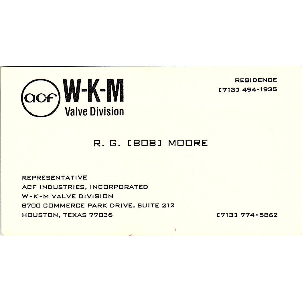 R.G. Bob Moore ACF WKM Valve Division Houston Vintage Business Card SC9-B13