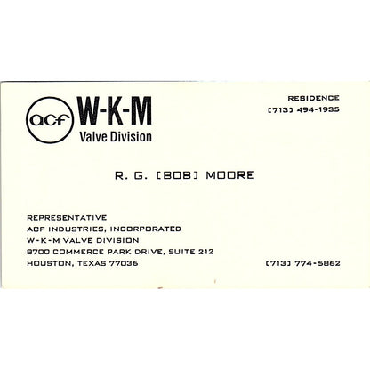 R.G. Bob Moore ACF WKM Valve Division Houston Vintage Business Card SC9-B13