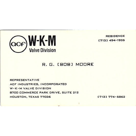 R.G. Bob Moore ACF WKM Valve Division Houston Vintage Business Card SC9-B13