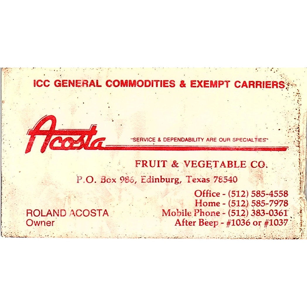 Roland Acosta Fruit & Vegetable Co Edinburg TX Vintage Business Card SC9-B2