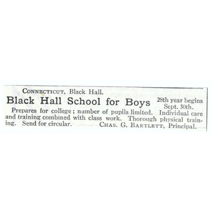 Black Hall Boys School Chas. G. Bartlett CT 1903 Magazine Ad AF7-SS1