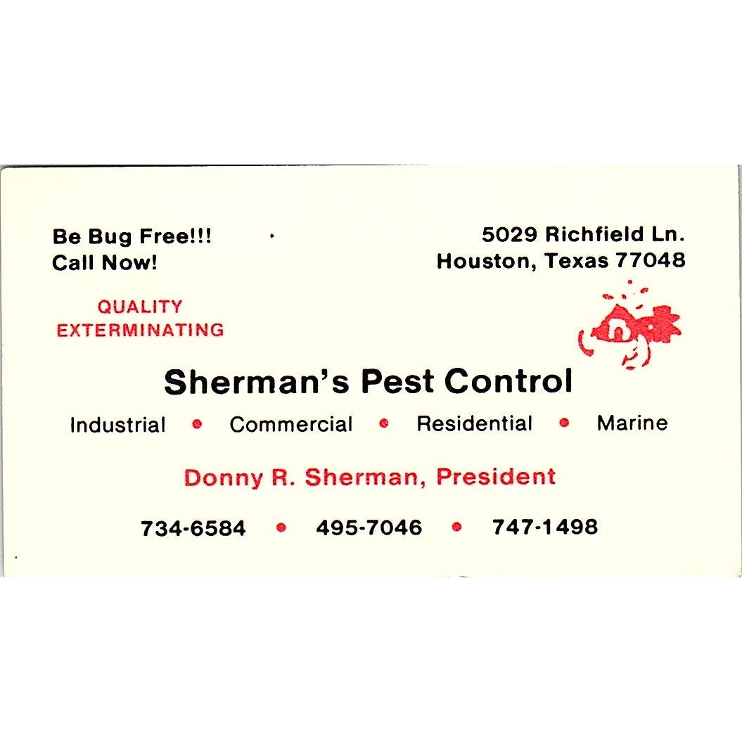 Sherman's Pest Control Donny R. Sherman Houston TX Vintage Business Card SB4-B1