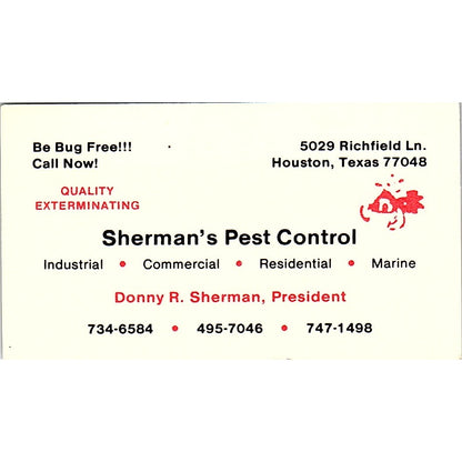 Sherman's Pest Control Donny R. Sherman Houston TX Vintage Business Card SB4-B1