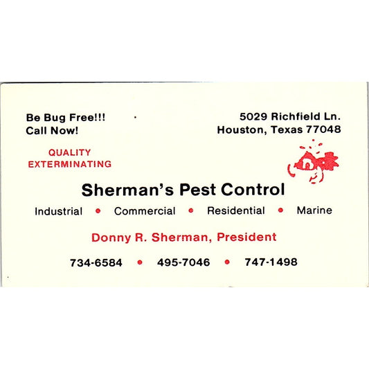 Sherman's Pest Control Donny R. Sherman Houston TX Vintage Business Card SB4-B1