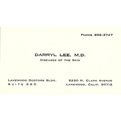 Darryl Lee Diseases Of The Skin Lakewood CA Vintage Business Card SB4-B1