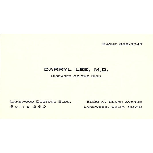 Darryl Lee Diseases Of The Skin Lakewood CA Vintage Business Card SB4-B1