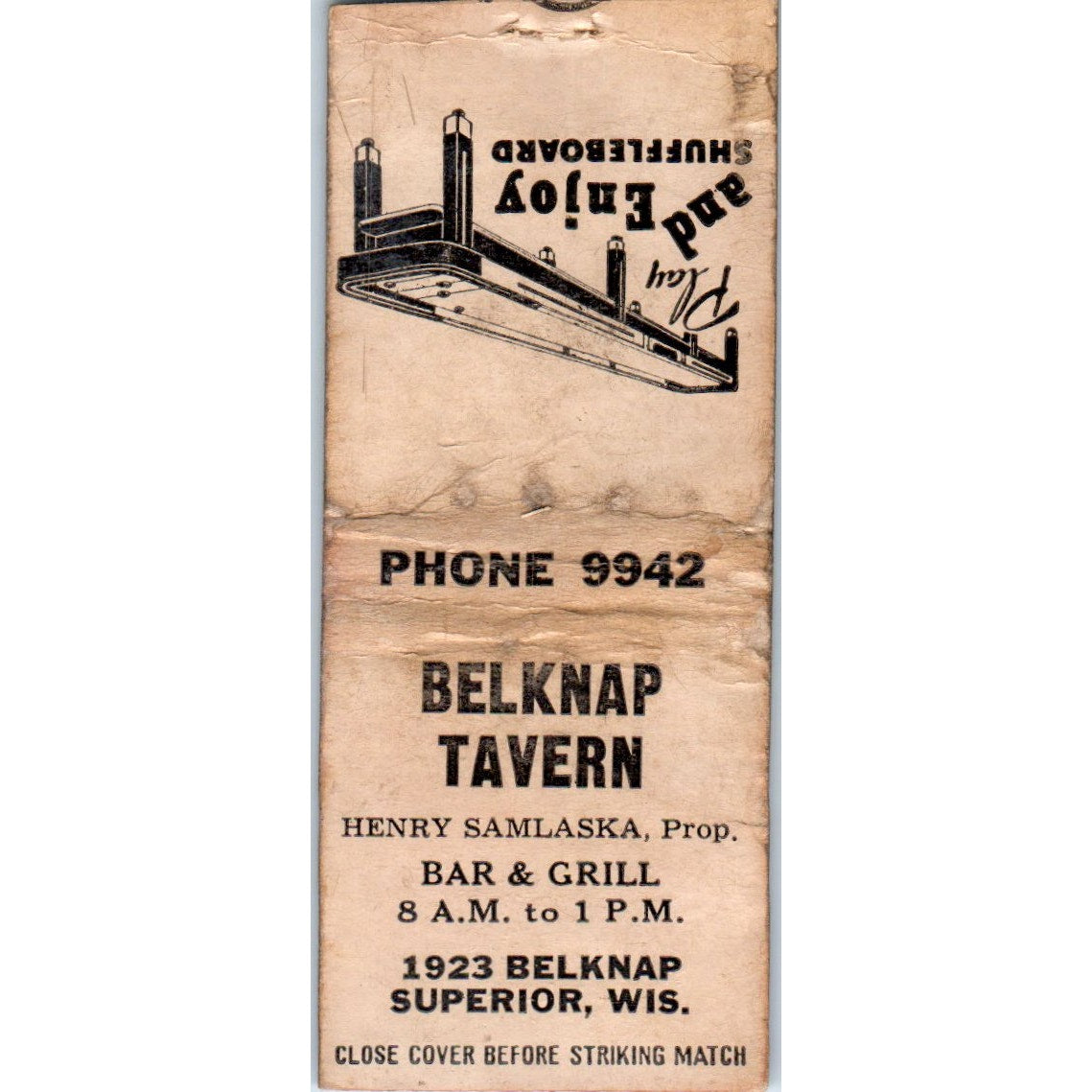 Belknap Tavern Henry Samlaska Shuffleboard Superior WI Vintage Matchbook SD4-Y2