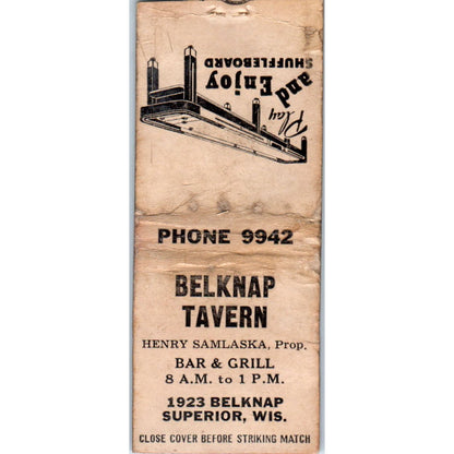 Belknap Tavern Henry Samlaska Shuffleboard Superior WI Vintage Matchbook SD4-Y2