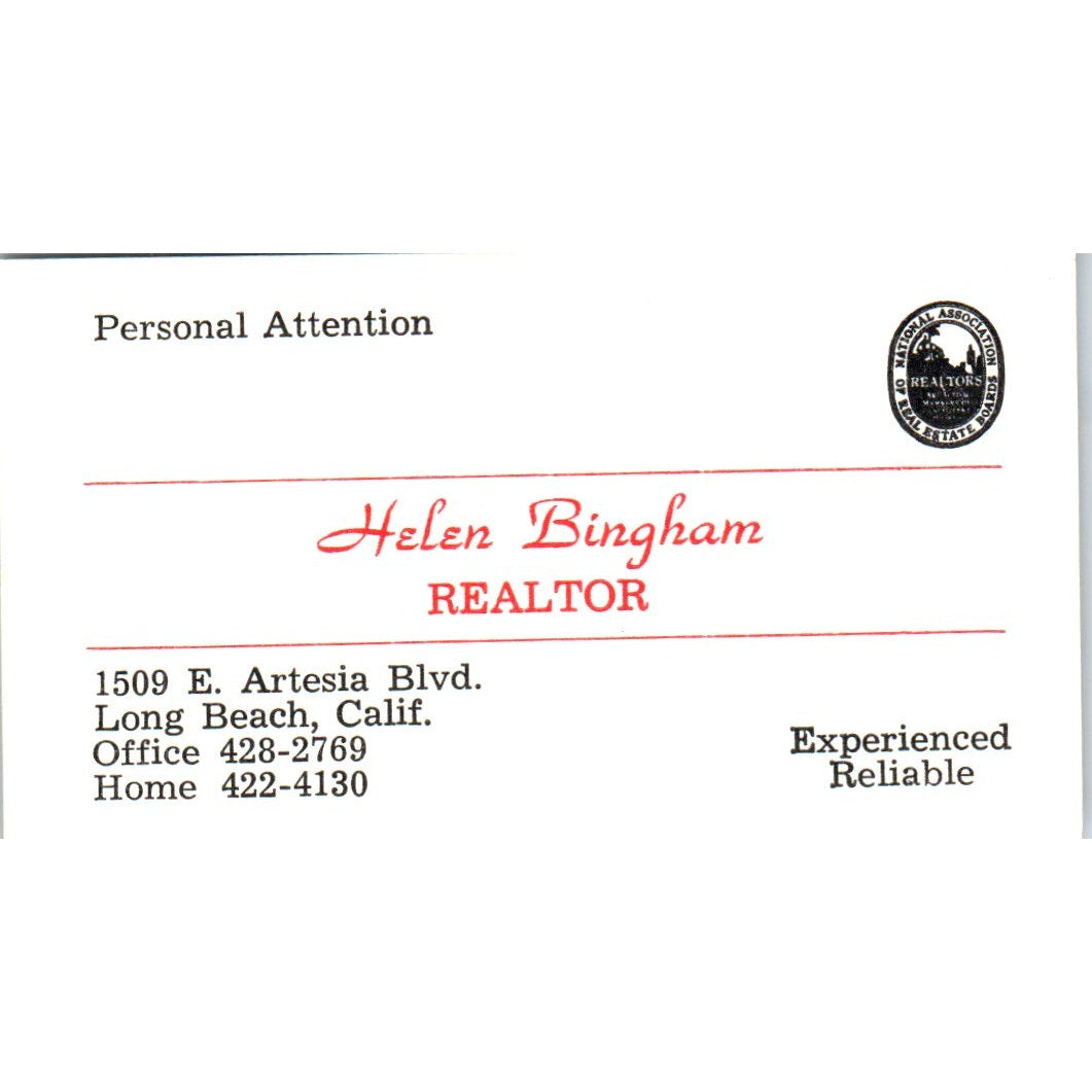 Helen Bingham Realtor Long Beach CA Vintage Business Card SD8-B1