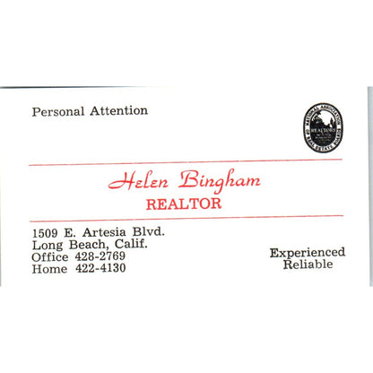 Helen Bingham Realtor Long Beach CA Vintage Business Card SD8-B1