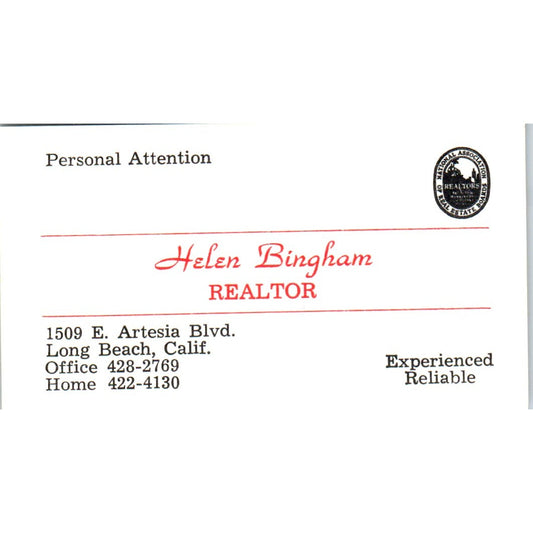 Helen Bingham Realtor Long Beach CA Vintage Business Card SD8-B1