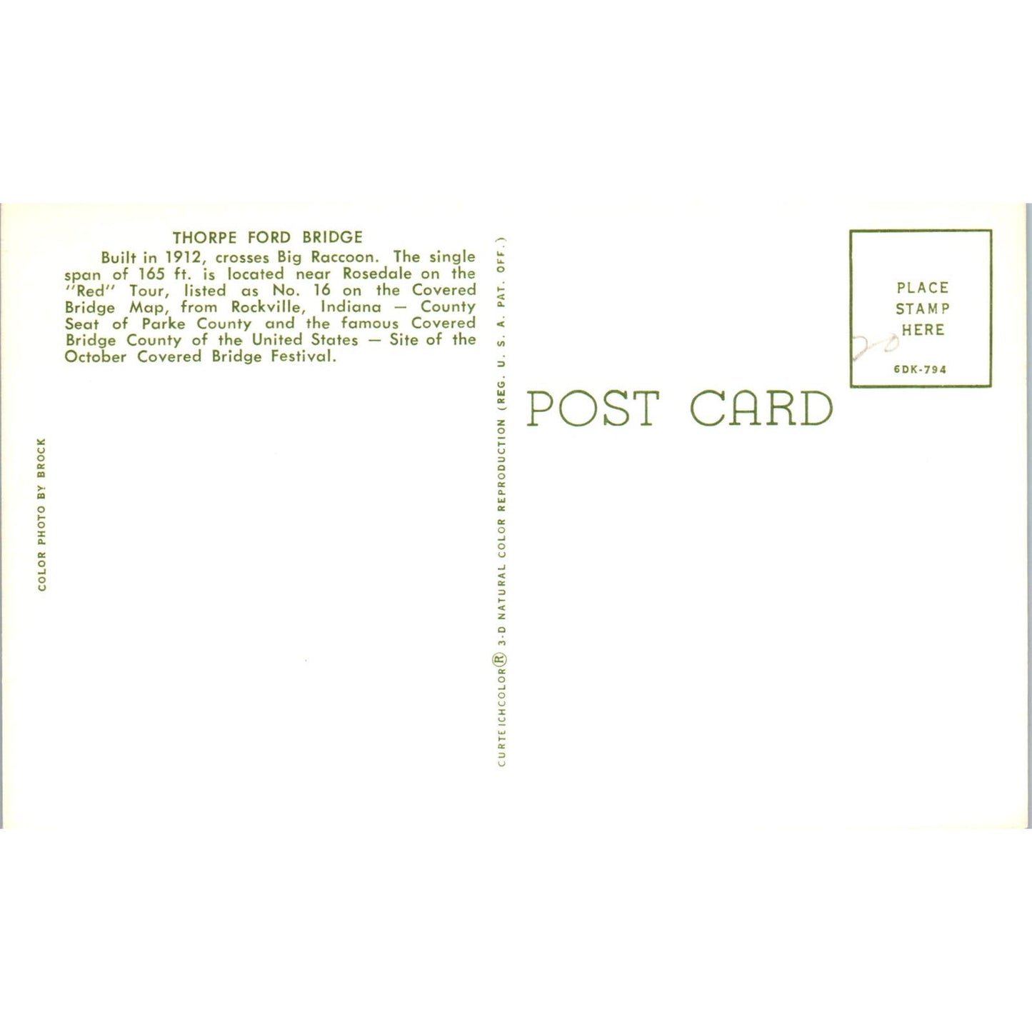 Thorpe Ford Bridge Parke County Rockville Indiana Covered Bridge Postcard PC6