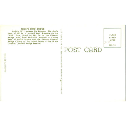 Thorpe Ford Bridge Parke County Rockville Indiana Covered Bridge Postcard PC6