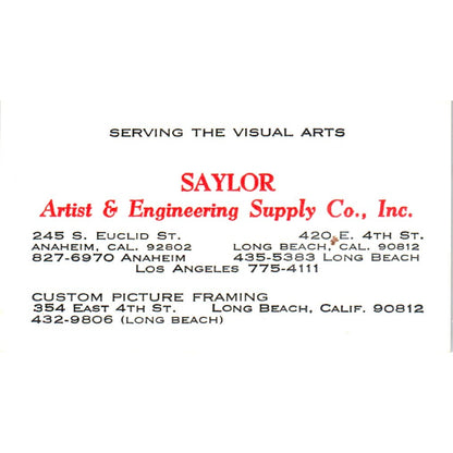 Saylor Artist & Engineering Supply Co Long Beach CA Vintage Business Card SD4-B1