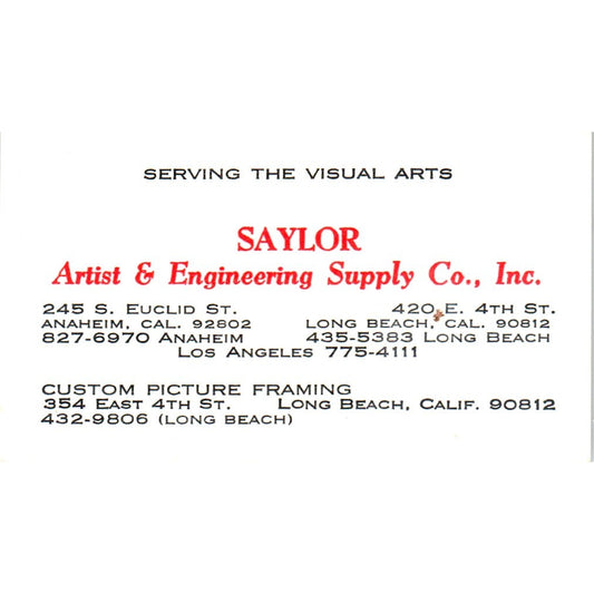 Saylor Artist & Engineering Supply Co Long Beach CA Vintage Business Card SD4-B1