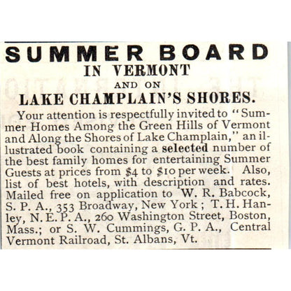 Summer Board in Vermont Lake Champlain S.W. Cummings c1890 Victorian Ad AE8-CH9