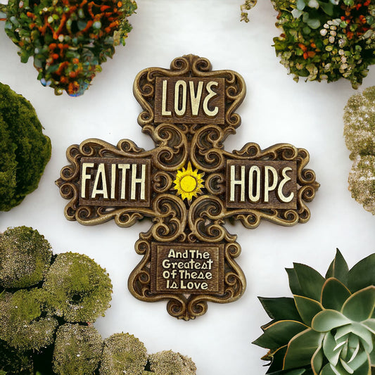 1970s Kitsch Cross Love Faith Hope Wall Plaque Multi-Products Resin 11” TD5