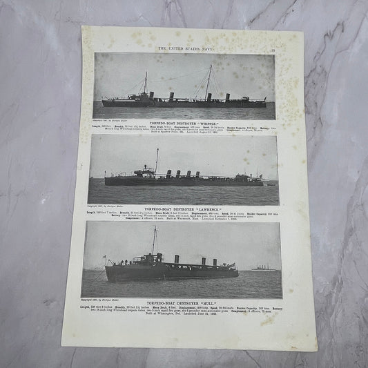 Torpedo Boat Whipple, Lawrence, Hull, Hopkins Double Sided 1910 Print V14-7