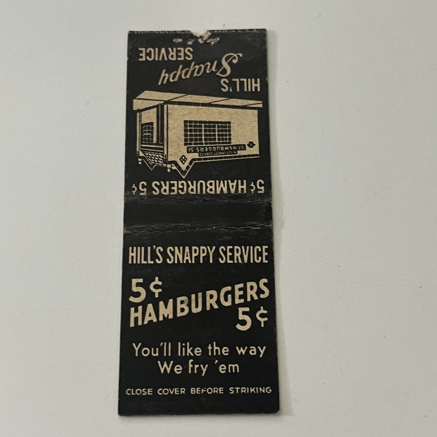 Hill's Snappy Service Hamburgers Indiana Vintage Matchbook Cover MB8-6