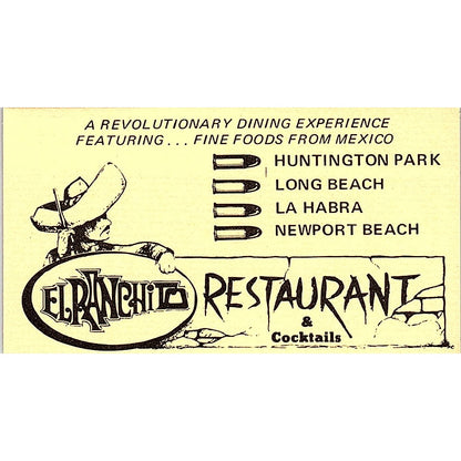 El Panchito Restaurant & Cocktails Long Beach Vintage Business Card SD9-B11