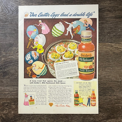 1944 Vintage Ad Snider's Chili Sauce Easter Eggs Cartoon Magazine Ad 10x13 V3