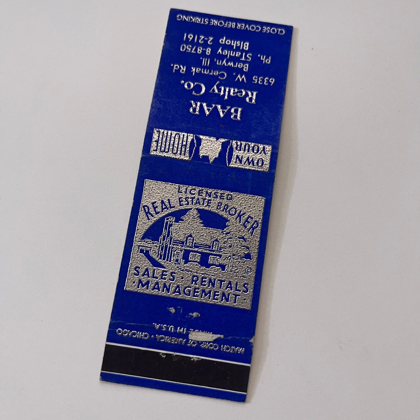 Baar Realty Co Berwyn IL Vintage Matchbook Cover TB6-MB2-1